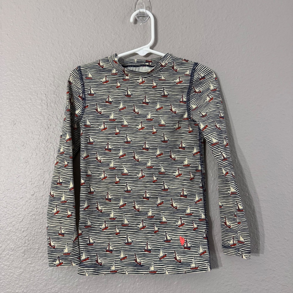 Crewcuts Boy's Size‎ 4-5 Blue Sailboat Striped UPF 50+ Rash Guard